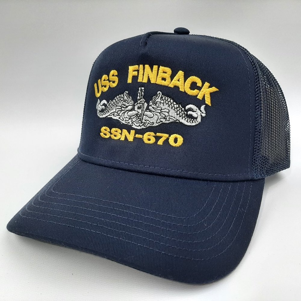 USS Finback SSN-670 Mesh Snapback Cap Hat Navy Blue Boat Submarine Embroidered